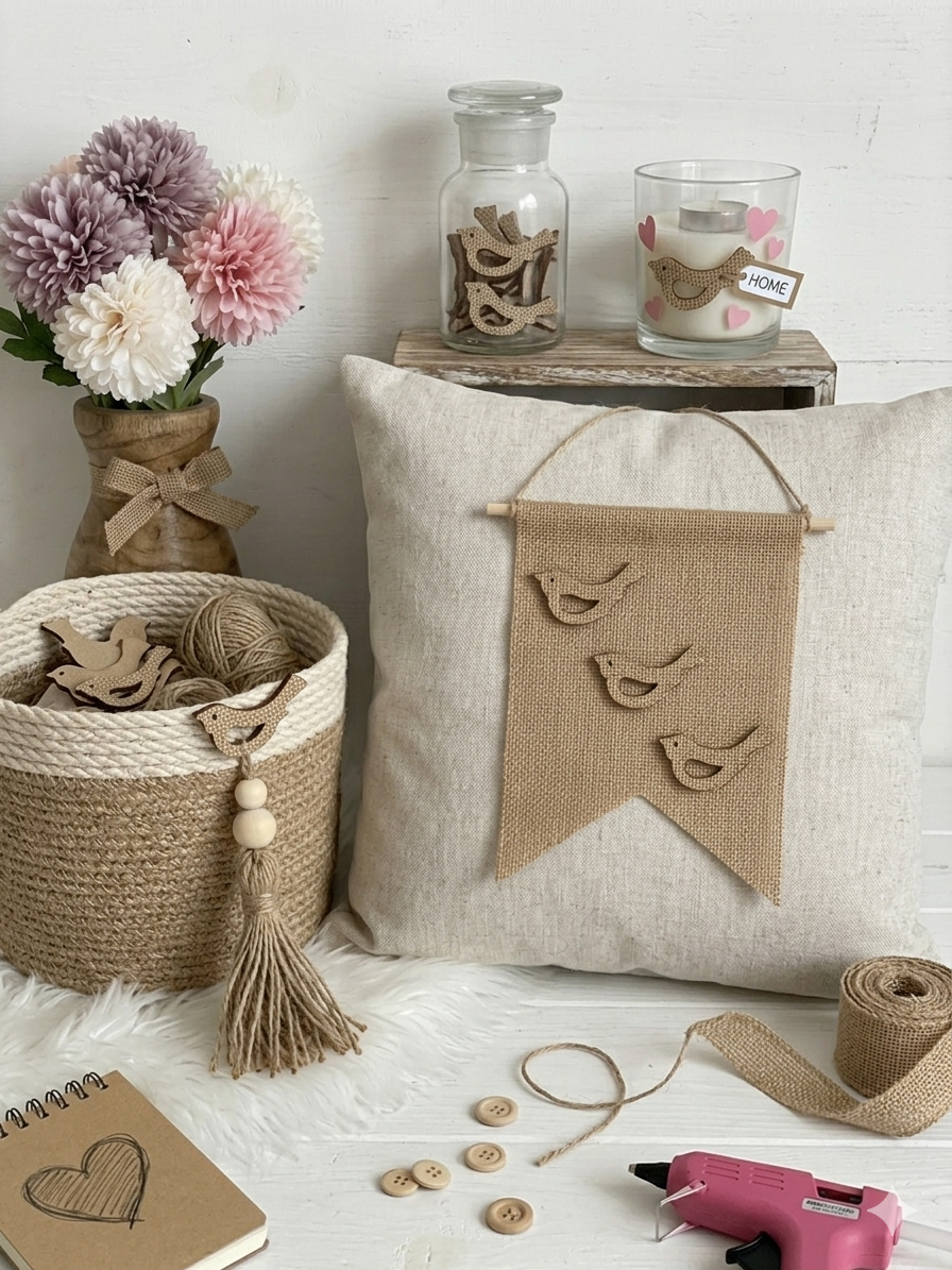 Set 3 Uccellini Decorativi in Juta Shabby Chic - 5cm | Applicazioni Artigianali per Fai da Te e Bomboniere