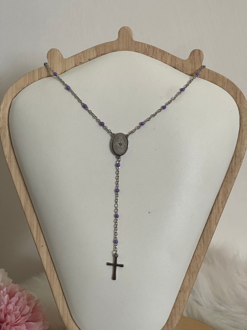 Collana Rosario Via Lucis in Acciaio Inossidabile con Perline e Croce