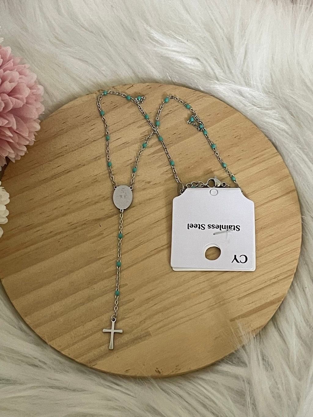 Collana Rosario Via Lucis in Acciaio Inossidabile con Perline e Croce