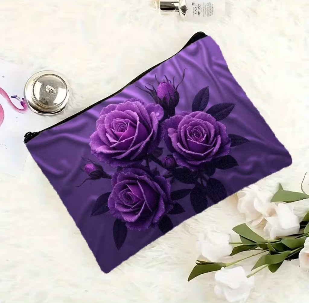 Pochette Trucco Elegante con Rose Viola – Beauty Case da Viaggio Impermeabile e Organizer Cosmetici