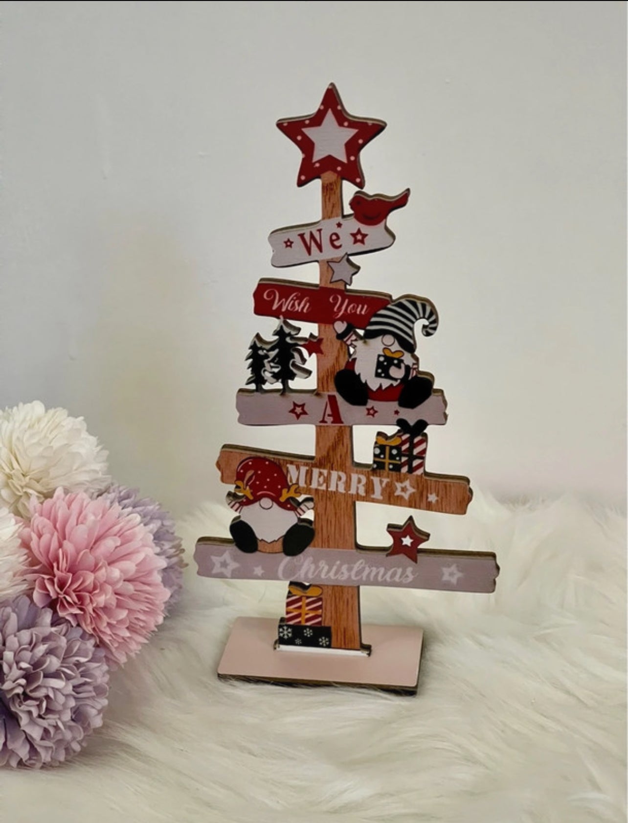 Decorazione Natalizia in Legno con Gnomi Stile Vintage: Cartello a Forma di Albero