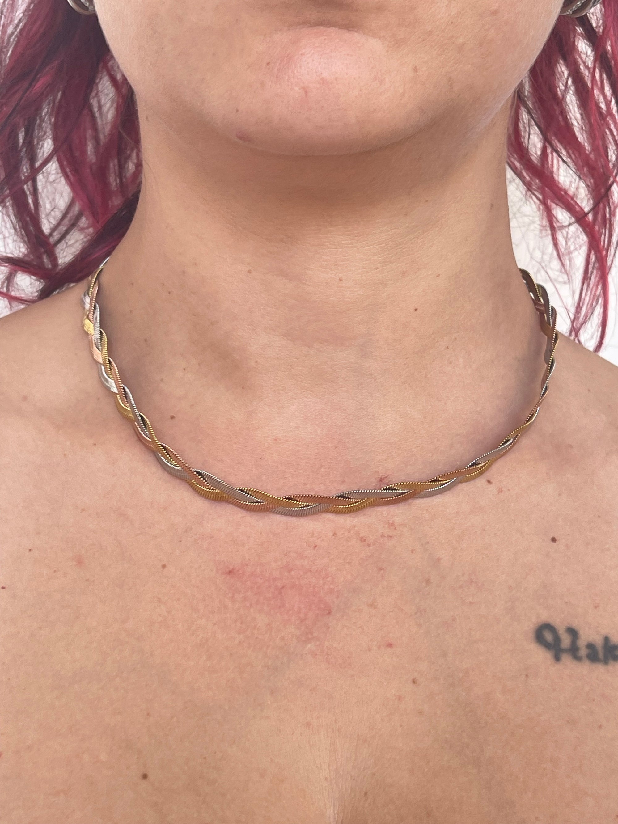 Collana Choker Intrecciata Acciaio 3 Colori (Oro, Argento, Rosé) | Stile Tricolor