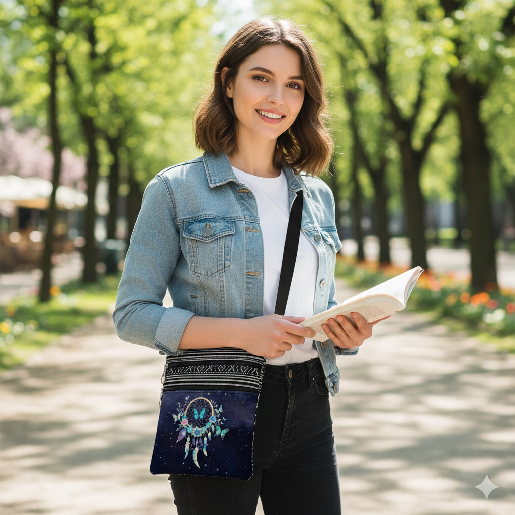 Borsa a Tracolla Etnica Dreamcatcher - Messenger Bag con Farfalle Blu e 2 Zip