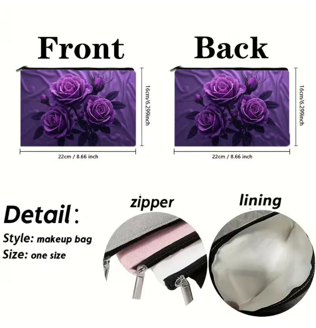 Pochette Trucco Elegante con Rose Viola – Beauty Case da Viaggio Impermeabile e Organizer Cosmetici