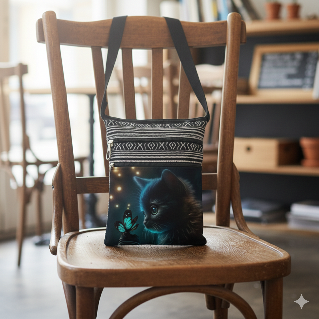 Borsa a Tracolla in Tela - Design Gatto e Farfalla - Borsello Etnico con Multi-Tasche