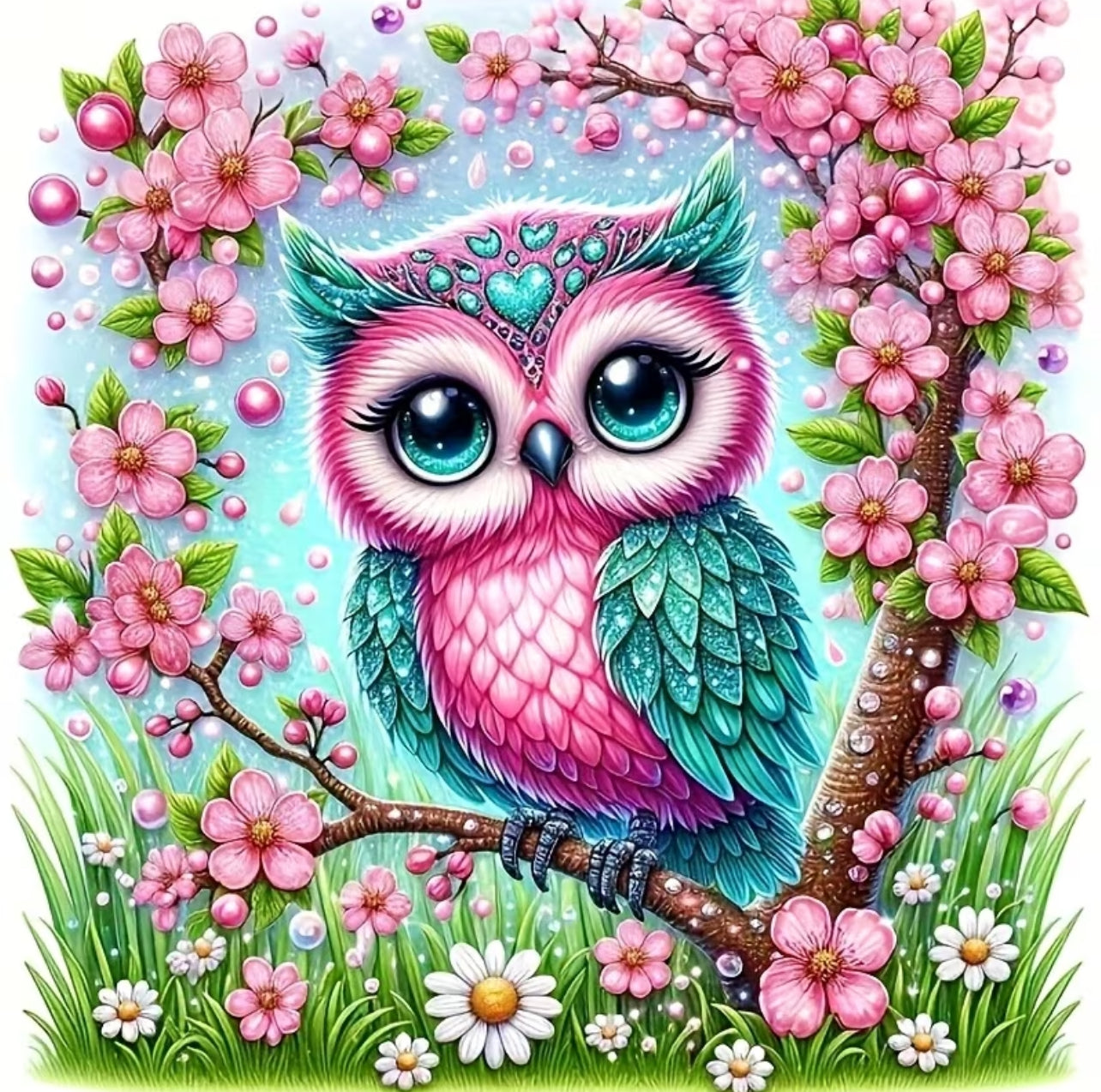 Kit Diamond Painting 5D Fai-da-Te - Gufo Magico tra i Fiori (20x20 cm) - Mosaico con Diamanti Completo per Relax e Arredo Casa