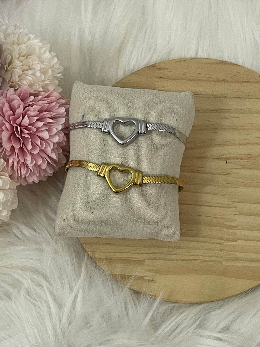 Bracciale Corazón Radiante in Acciaio Inossidabile – Maglia Snake Piatta Oro e Argento