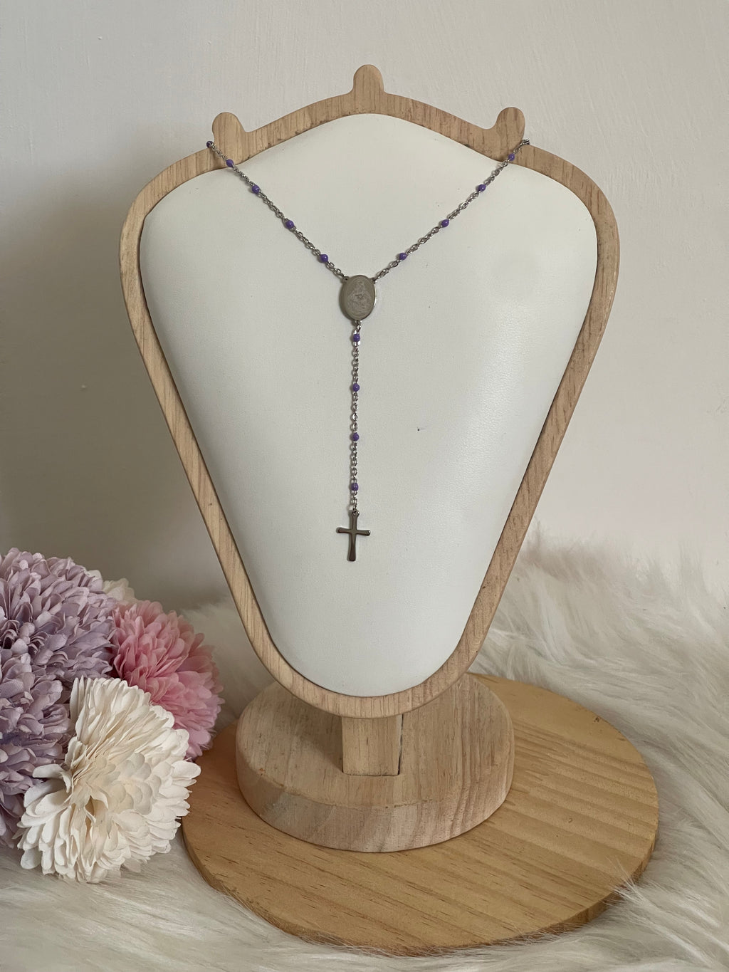 Collana Rosario Via Lucis in Acciaio Inossidabile con Perline e Croce