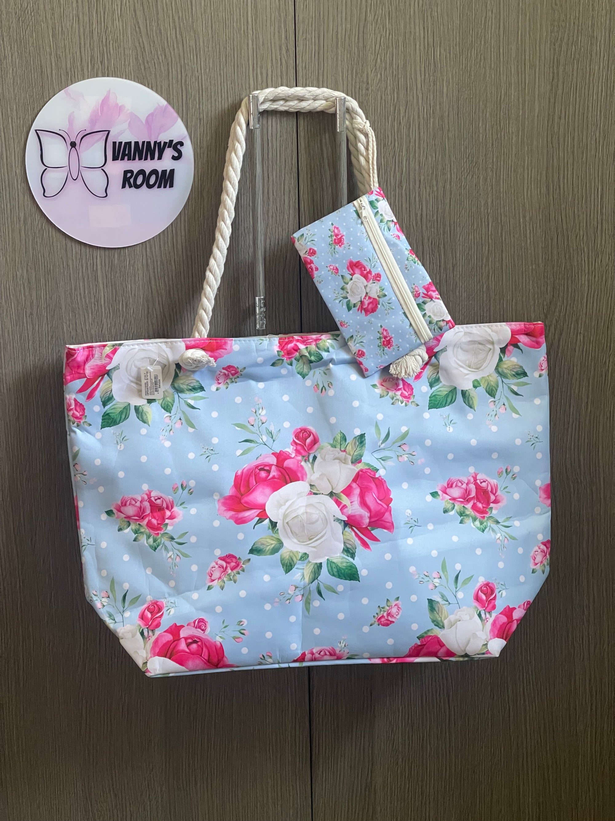 Borsa da Mare Grande e Capiente con Cerniera e Pochette Coordinata – Motivo Floreale Shabby Chic