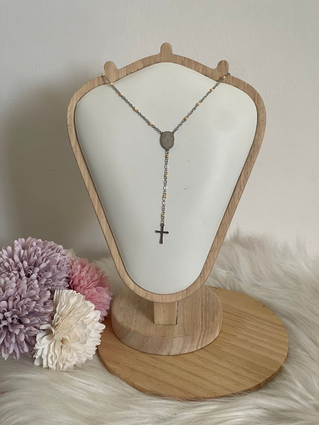 Collana Rosario Via Lucis in Acciaio Inossidabile con Perline e Croce