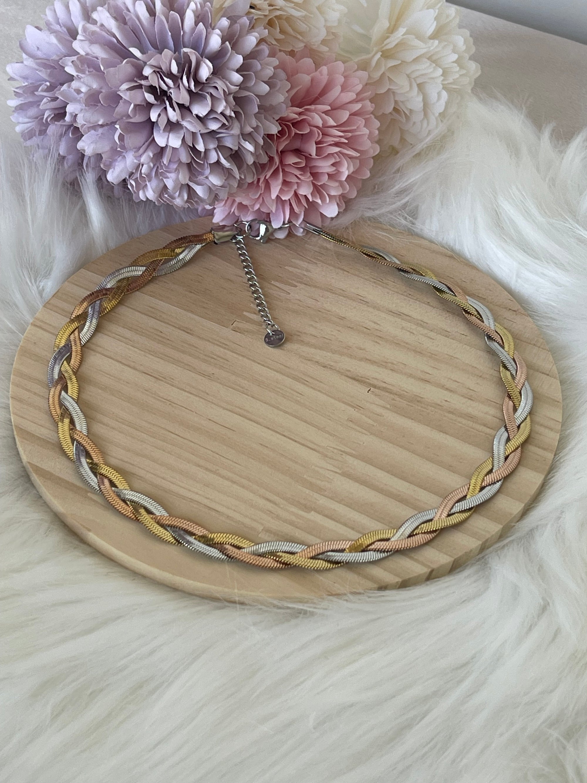 Collana Choker Intrecciata Acciaio 3 Colori (Oro, Argento, Rosé) | Stile Tricolor