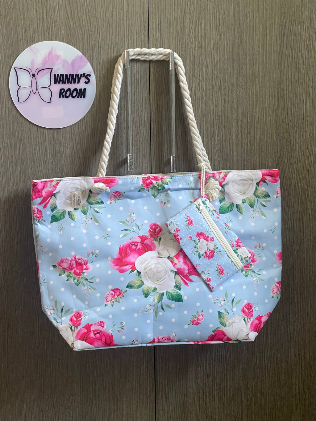 Borsa da Mare Grande e Capiente con Cerniera e Pochette Coordinata – Motivo Floreale Shabby Chic