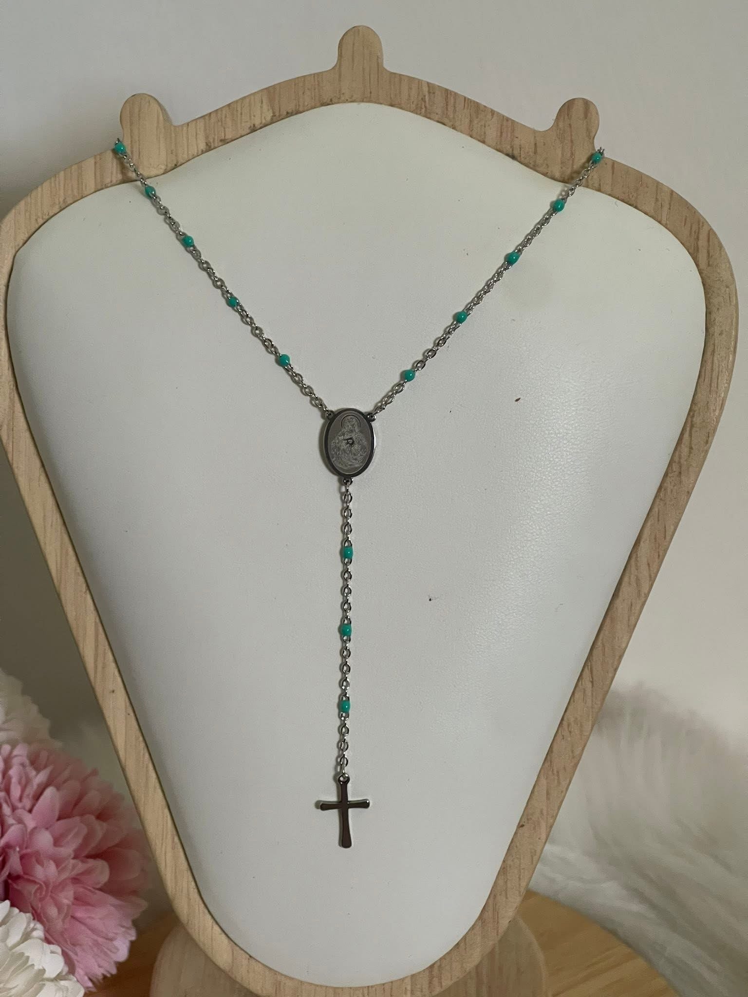 Collana Rosario Via Lucis in Acciaio Inossidabile con Perline e Croce