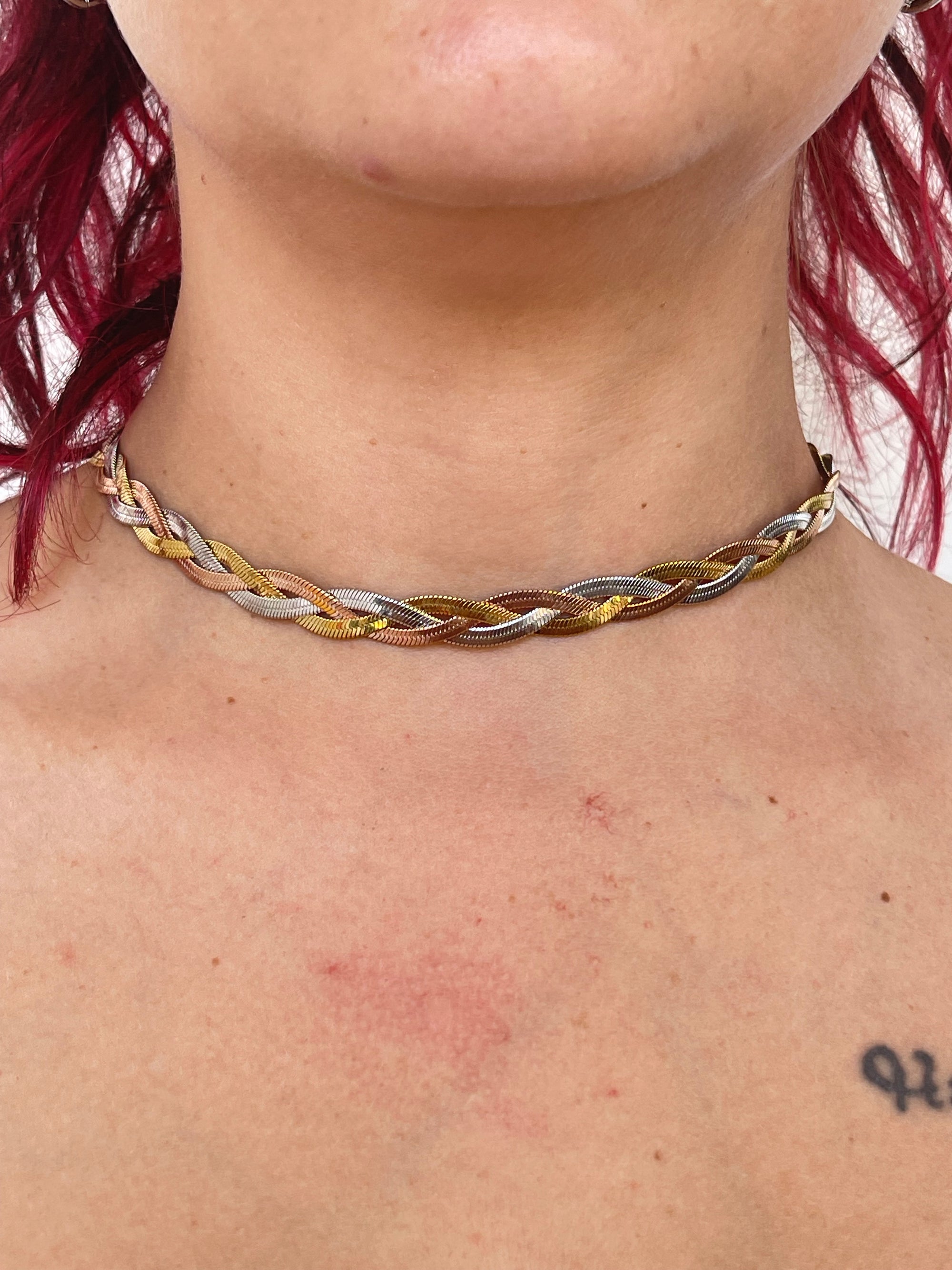 Collana Choker Intrecciata Acciaio 3 Colori (Oro, Argento, Rosé) | Stile Tricolor