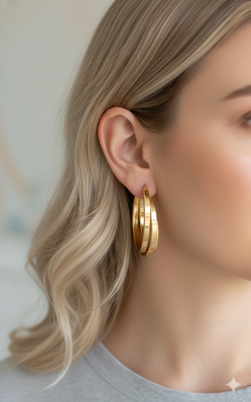 Orecchini Athena a Cerchio Triplo Oro Acciaio Inossidabile - Grandi Cerchi Eleganti per Donna | Anallergici