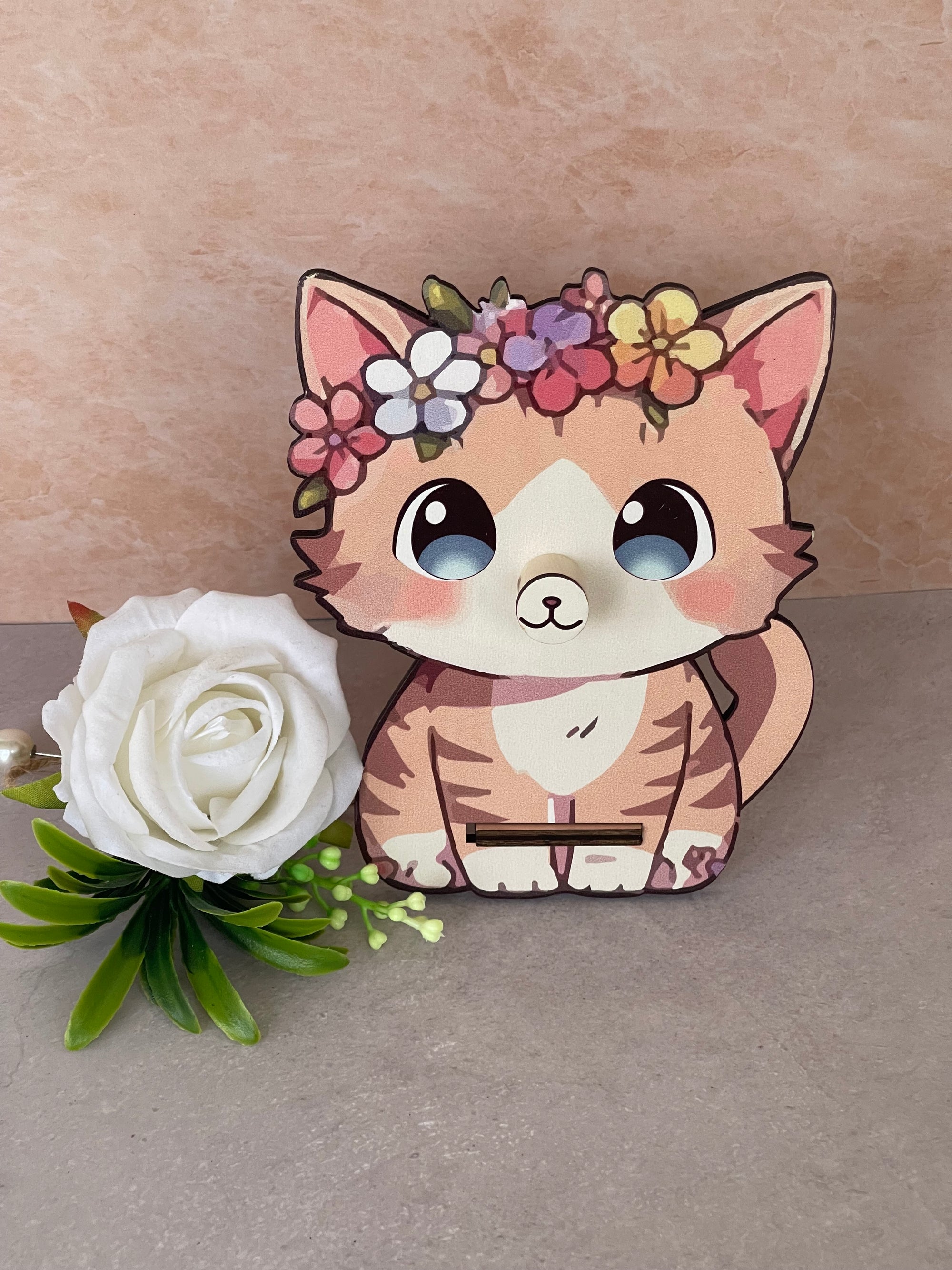Porta Occhiali da Scrivania in Legno - Gatto Adorabile con Coroncia di Fiori