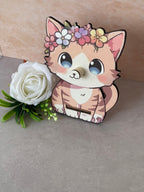Porta Occhiali da Scrivania in Legno - Gatto Adorabile con Coroncia di Fiori