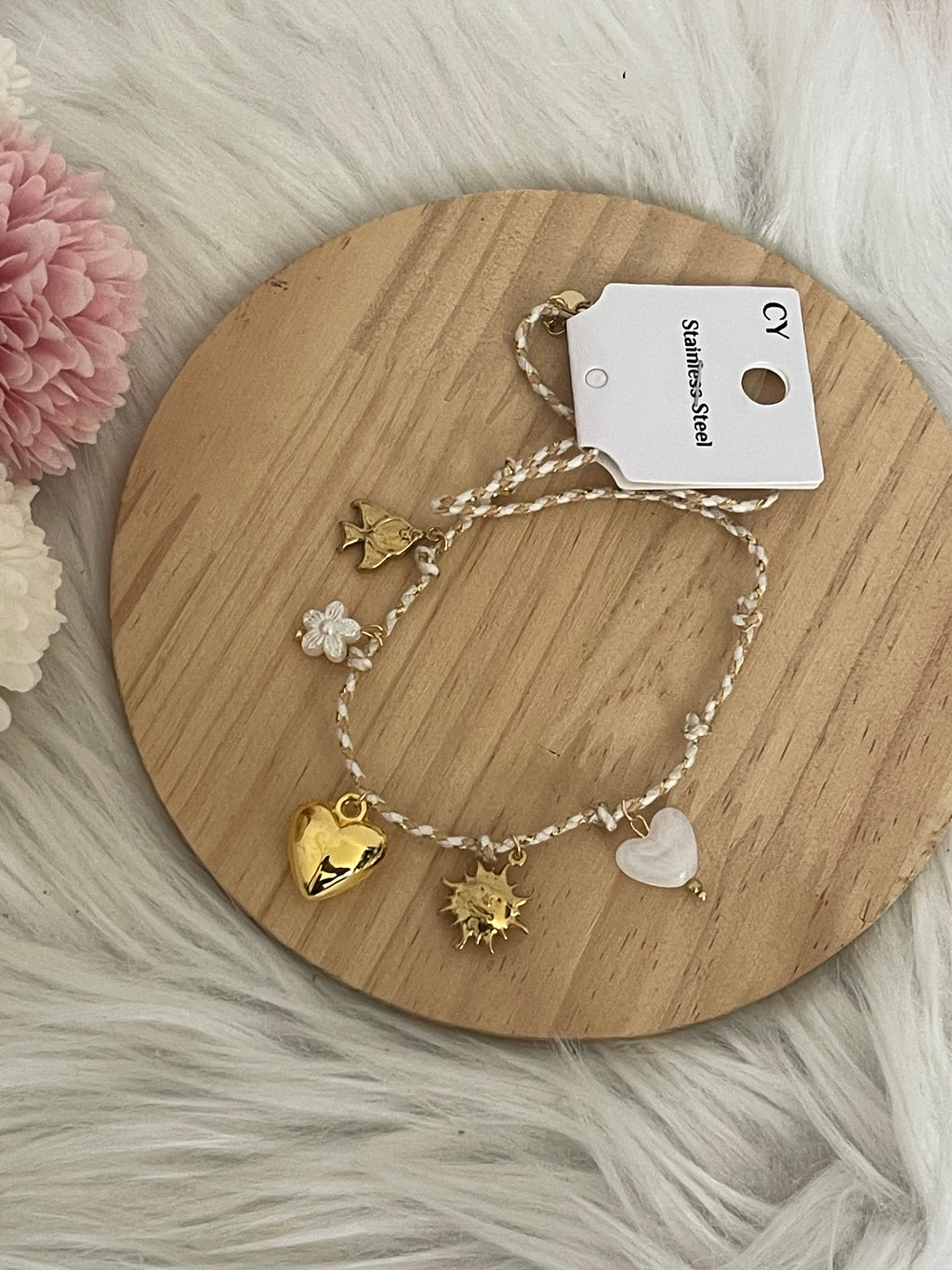 Collana Aura Summer Charm Estiva in Acciaio Inossidabile - Girocollo Cordino Intrecciato Bianco e Oro con Ciondoli Sole, Cuore e Fiore