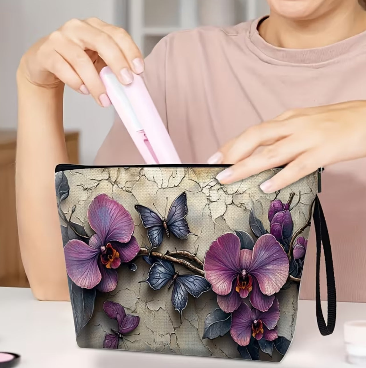 Pochette Donna Elegante con Stampa Orchidee e Farfalle 3D - Beauty Case da Viaggio e Borsa a Mano con Cinturino