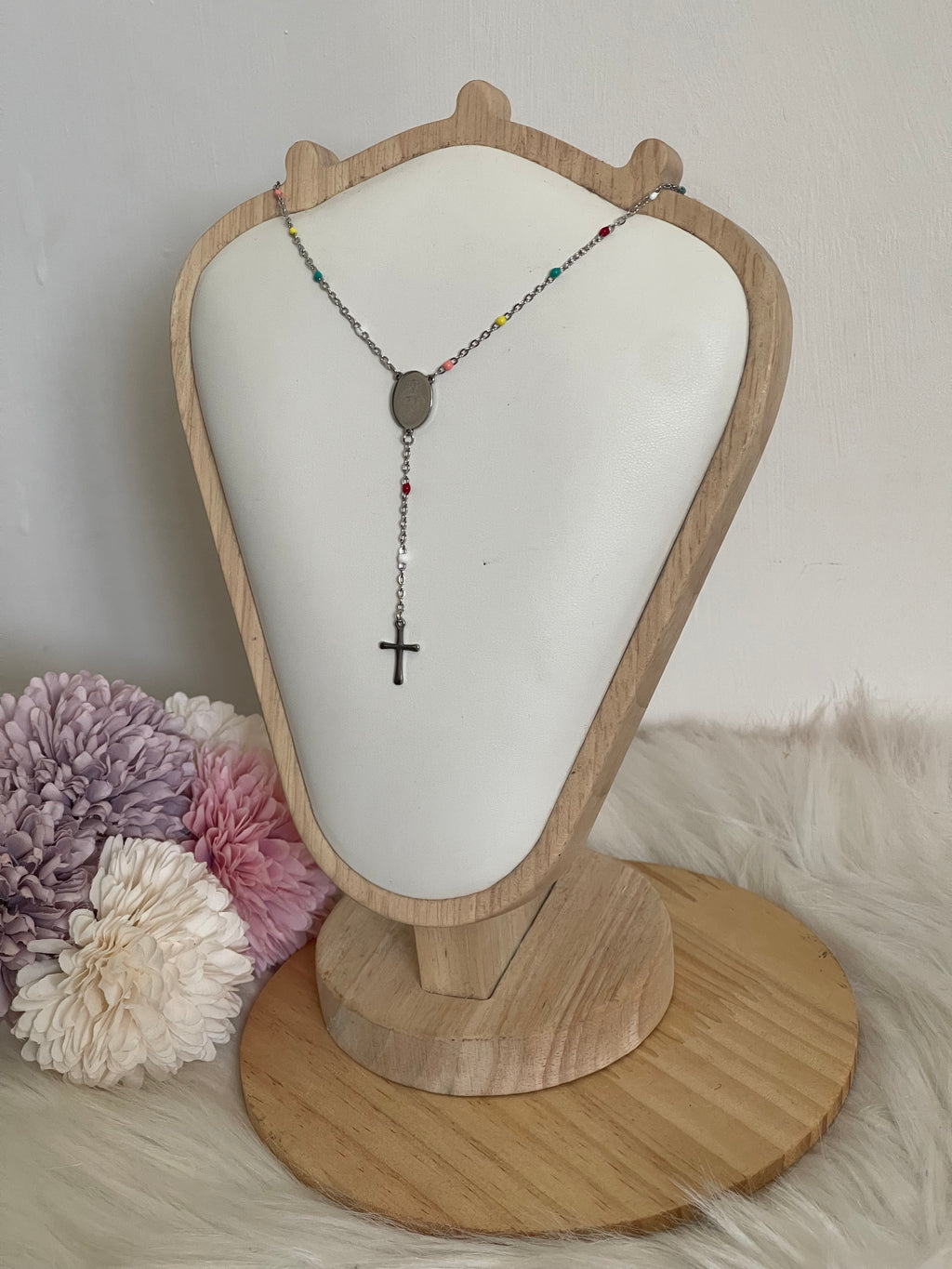 Collana Rosario Via Lucis in Acciaio Inossidabile con Perline e Croce