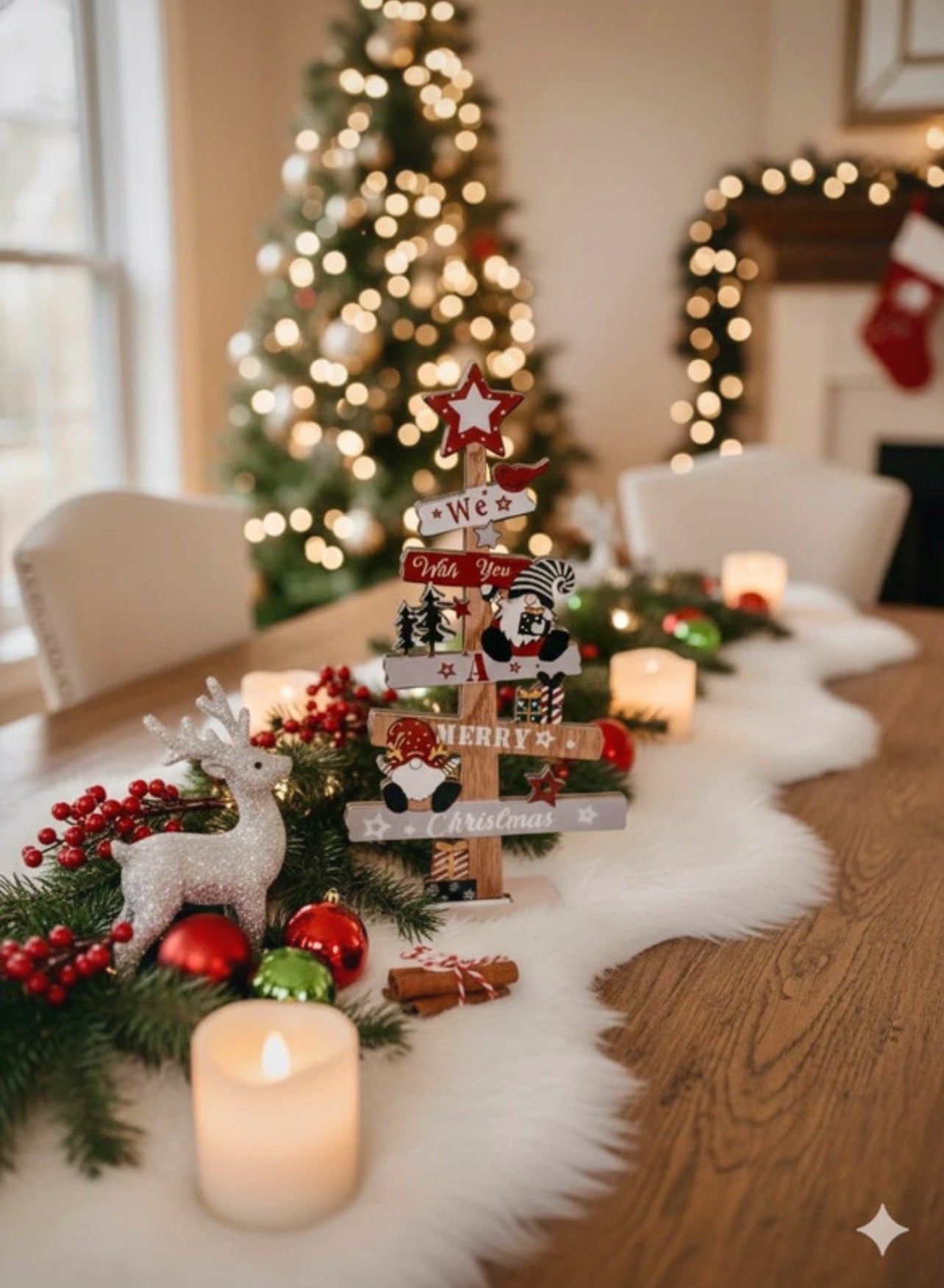 Decorazione Natalizia in Legno con Gnomi Stile Vintage: Cartello a Forma di Albero