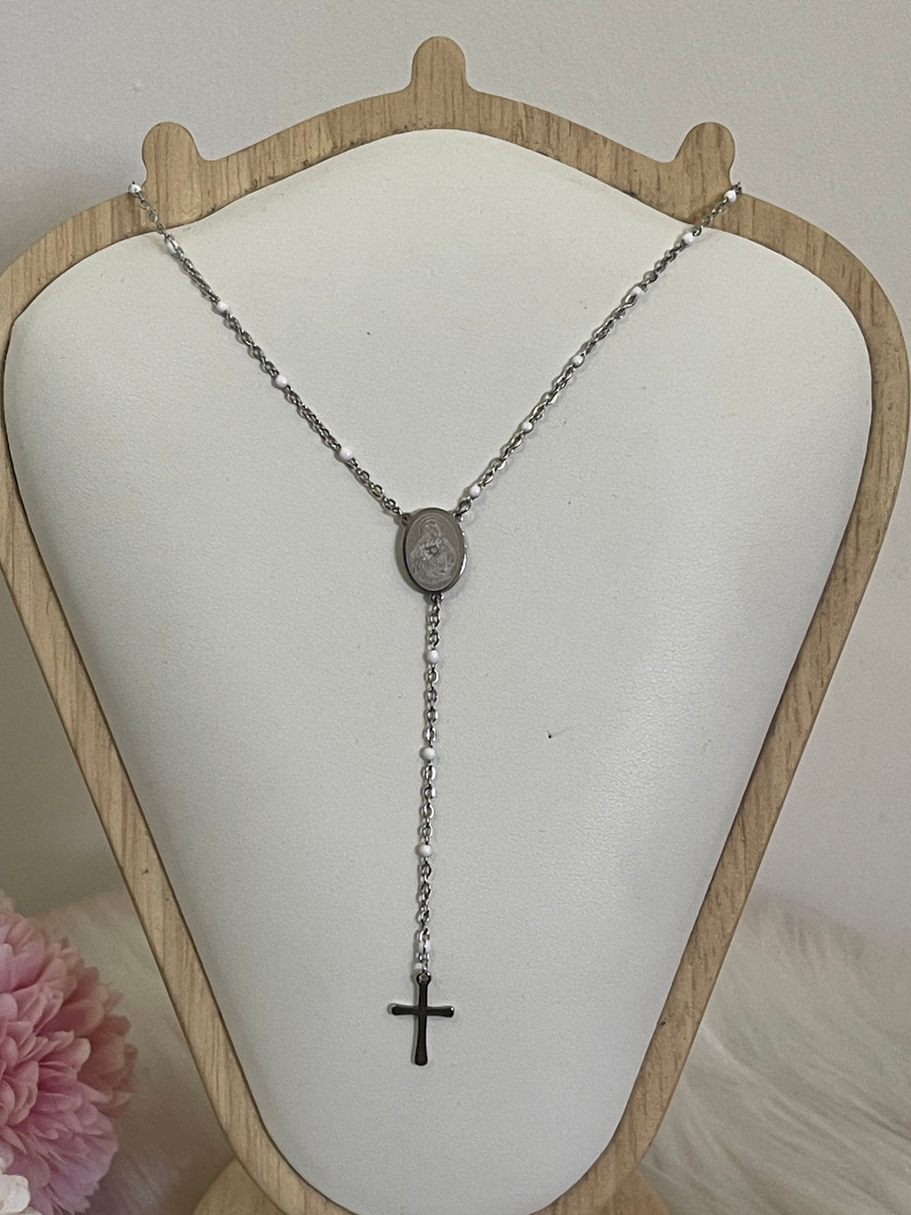 Collana Rosario Via Lucis in Acciaio Inossidabile con Perline e Croce