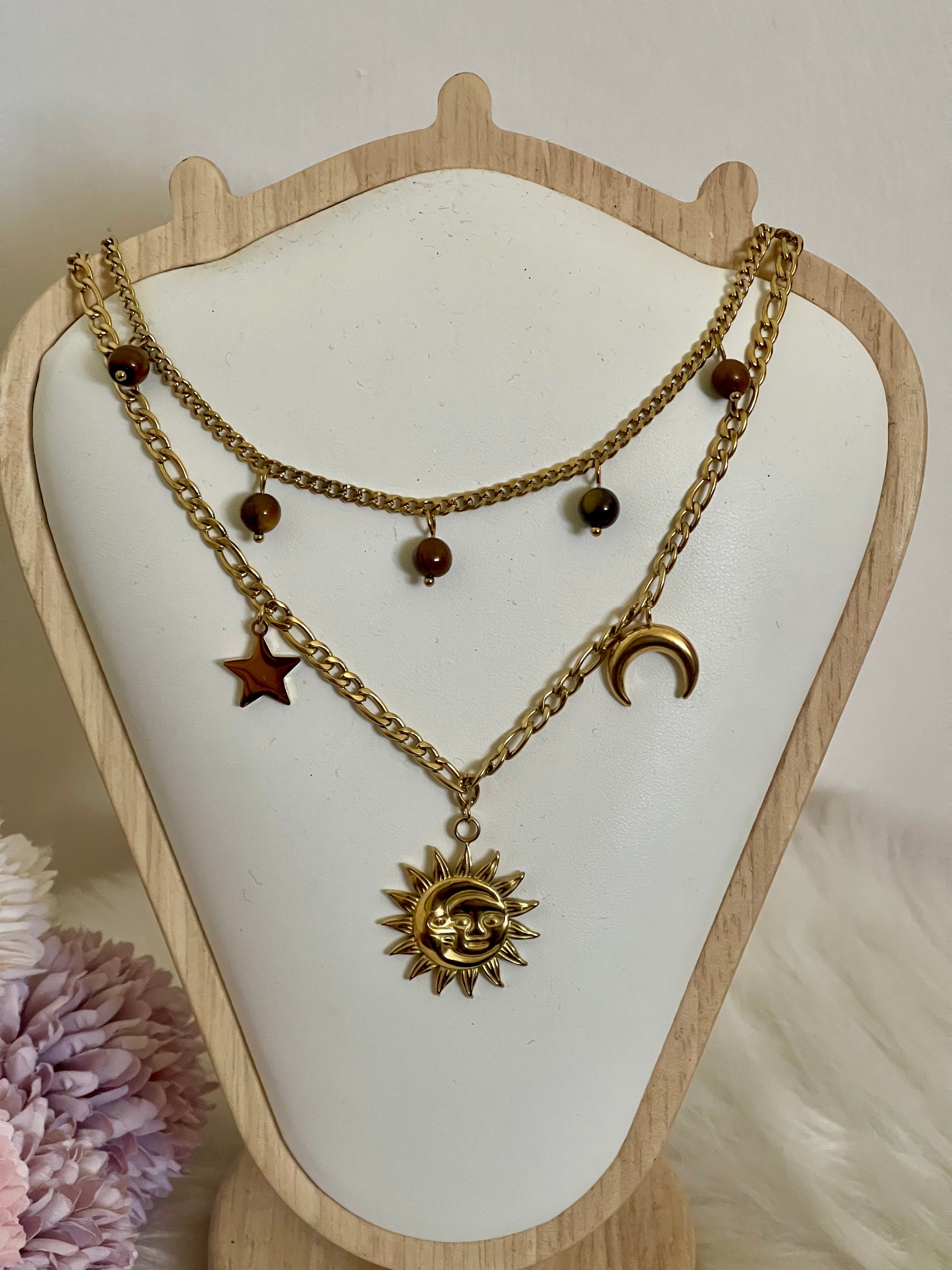 Collana Eclipse a Strati Astro-Boho in Acciaio Inossidabile - Sole, Luna e Stelle