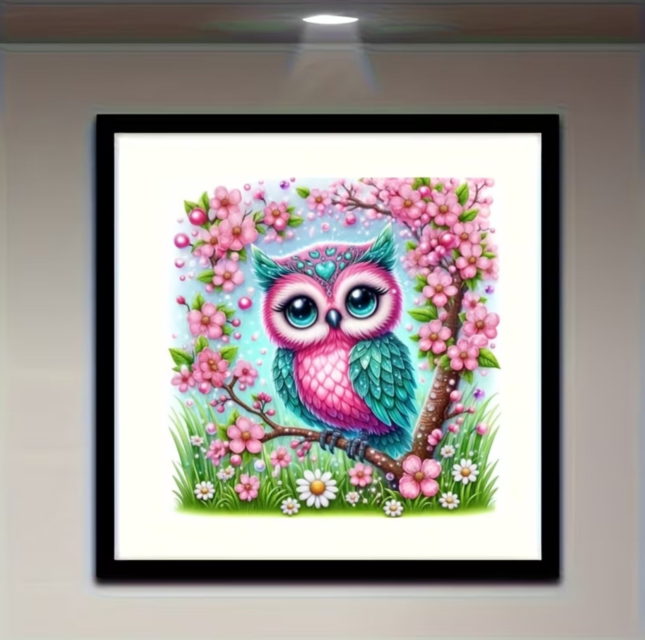 Kit Diamond Painting 5D Fai-da-Te - Gufo Magico tra i Fiori (20x20 cm) - Mosaico con Diamanti Completo per Relax e Arredo Casa