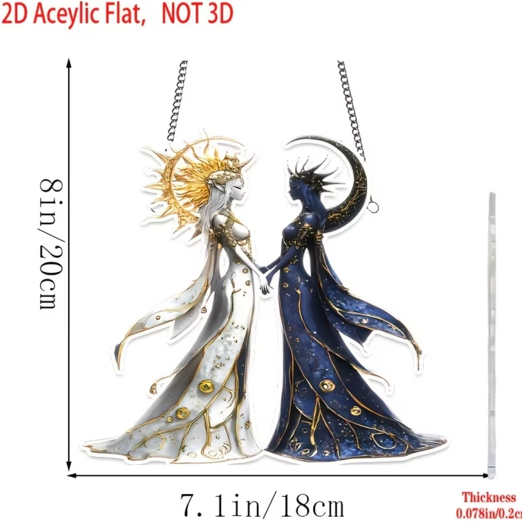 Decorazione da Parete Sole e Luna in Acrilico – Acchiappasole Fantasy "Dee del Giorno e della Notte" – 20x18cm