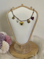 Collana Aura Summer Charm Estiva in Acciaio Inossidabile - Girocollo Cordino Intrecciato Grigio e Rosa con Ciondoli Sole, Cuore e Fiore