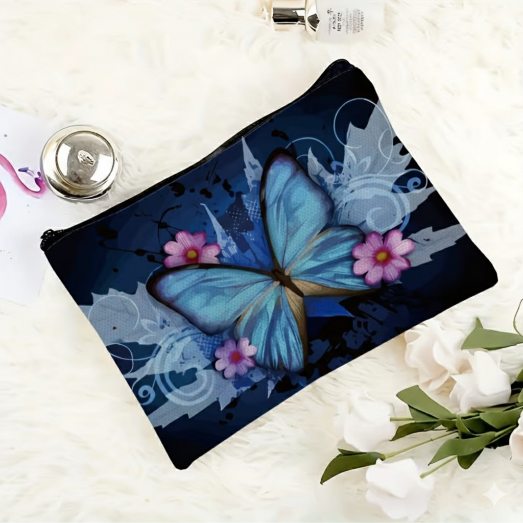 Pochette Donna con Farfalla Blu e Fiori - Beauty Case Impermeabile Multiuso