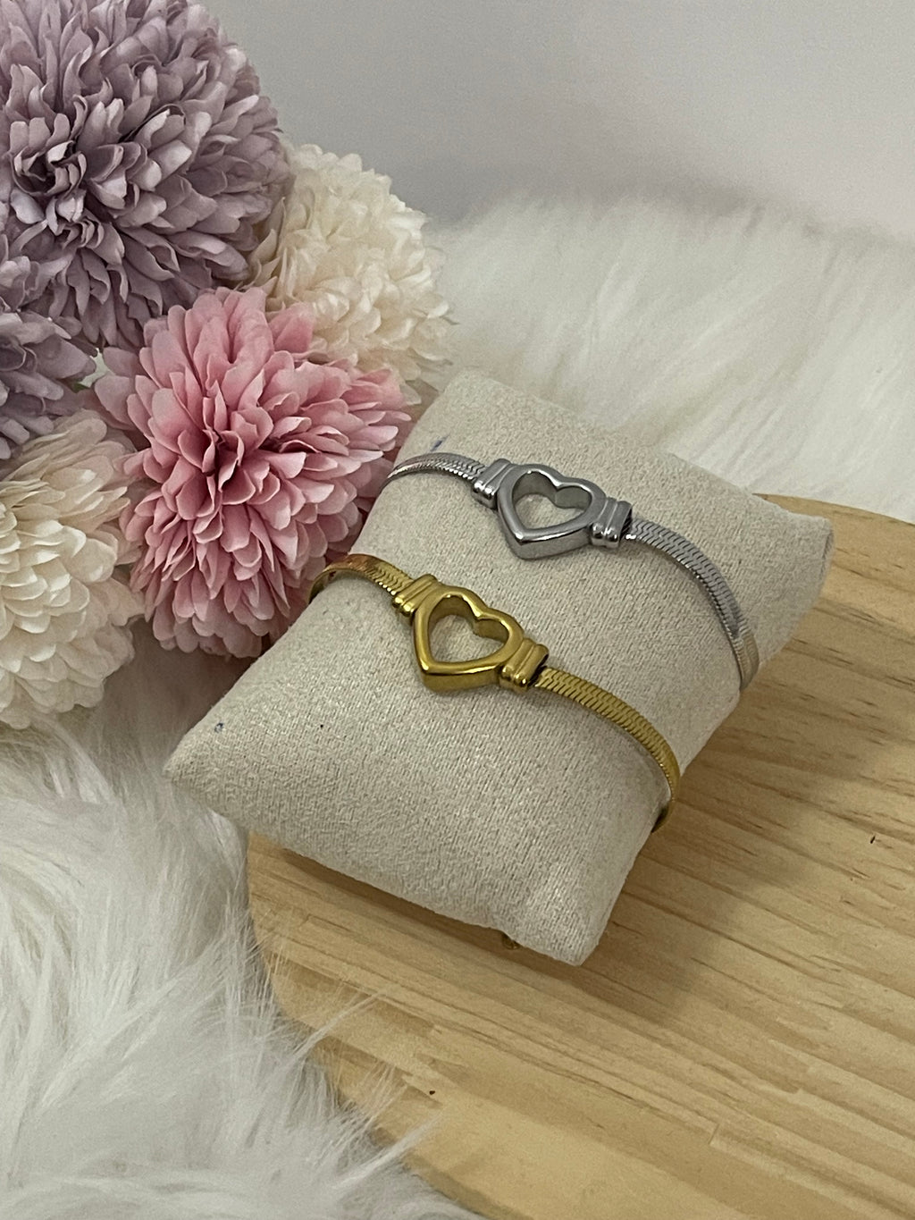 Bracciale Corazón Radiante in Acciaio Inossidabile – Maglia Snake Piatta Oro e Argento