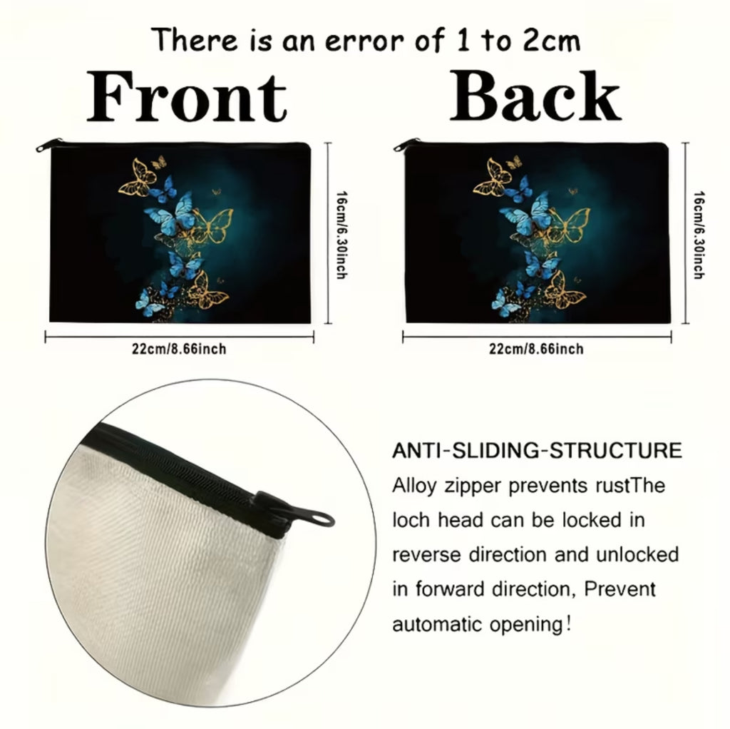 Pochette Donna Elegante con Farfalle Oro e Blu - Beauty Case e Astuccio Trucco Multifunzione