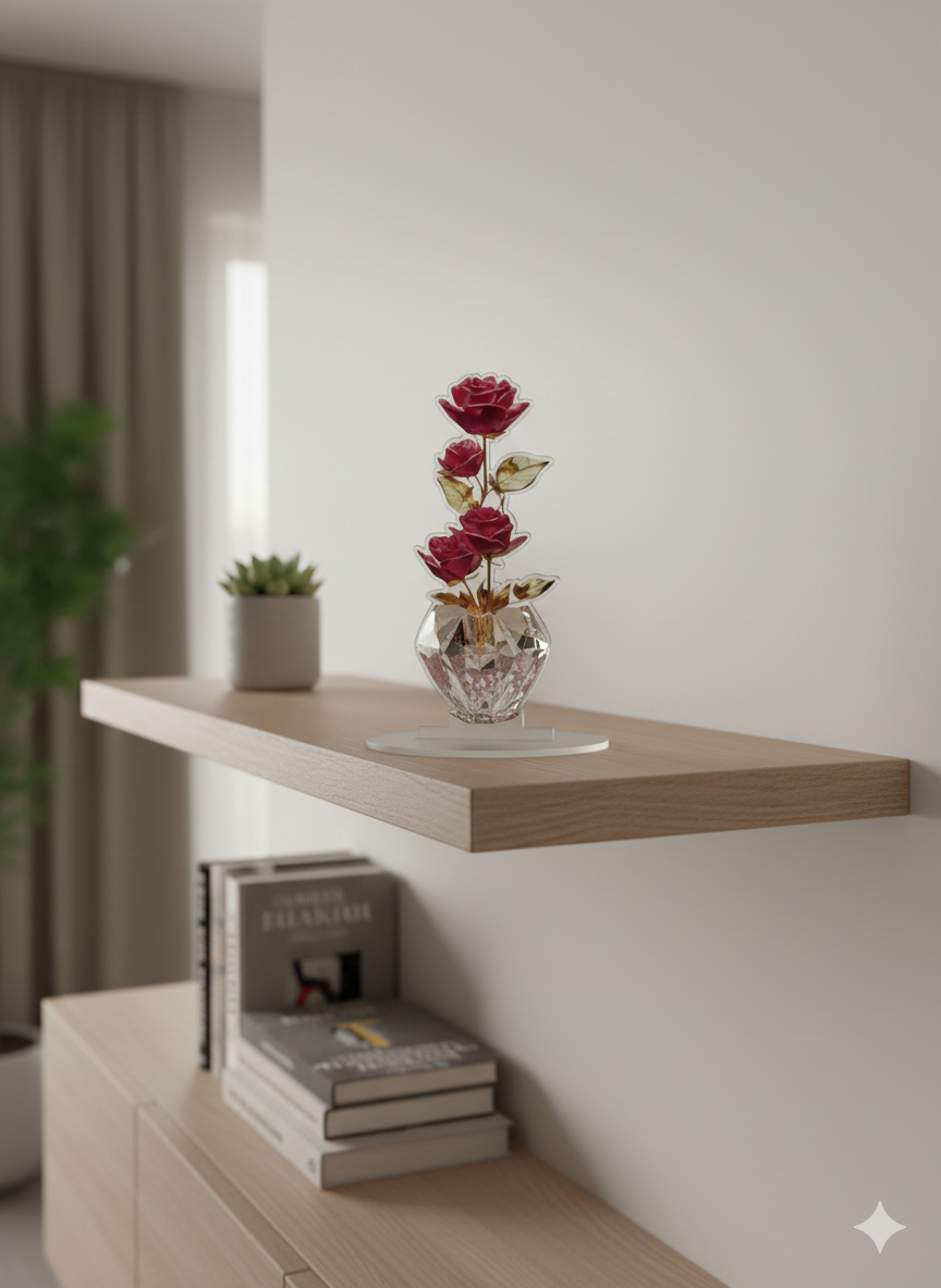 Rosa Eterna in Acrilico con Vaso a Diamante – Decorazione Floreale Moderna da Tavolo – Regalo Romantico e di Design