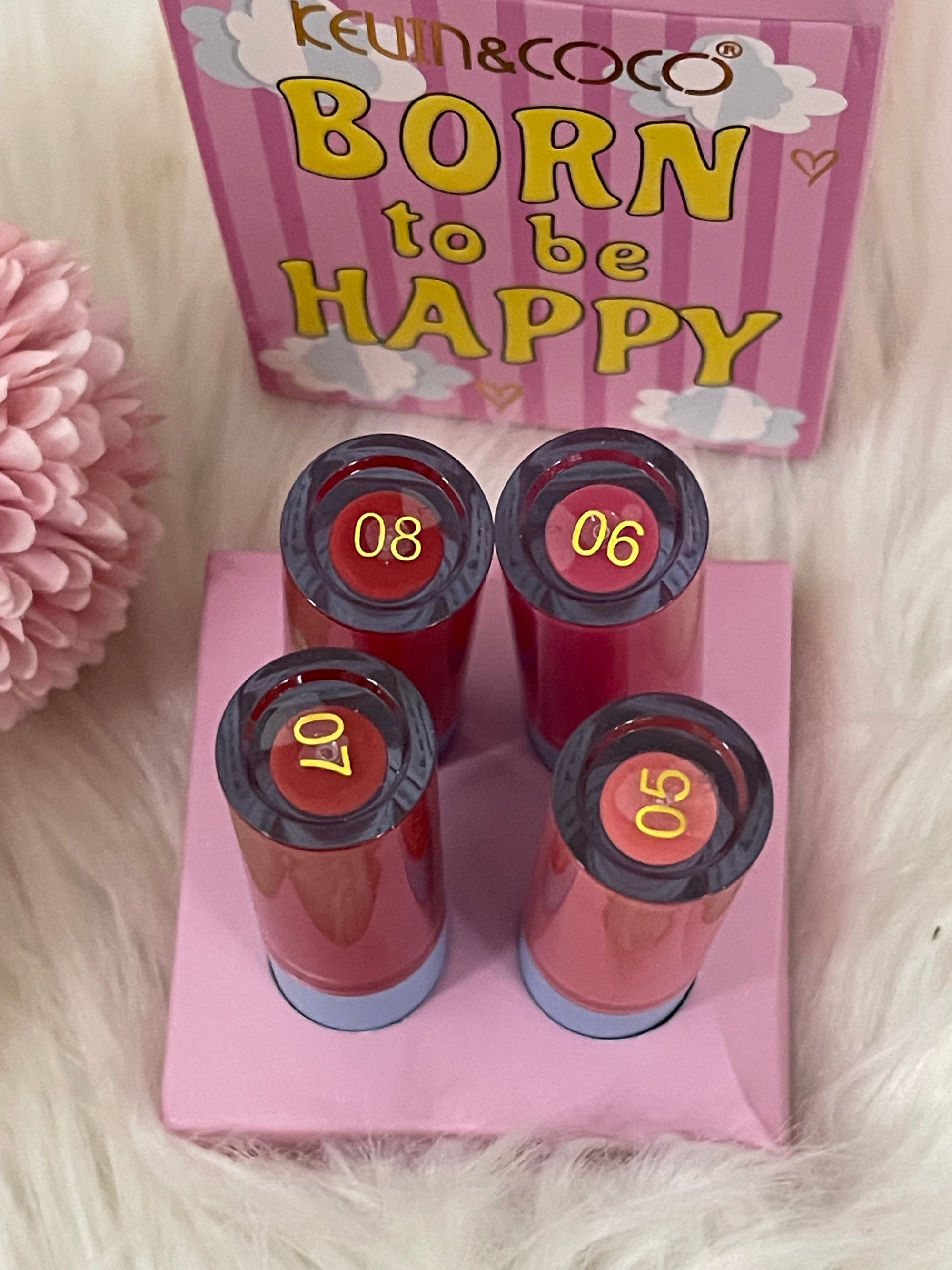 Set 4 Lip Gloss Kevin & Coco "Born to be Happy" - Effetto Velluto e Lunga Durata - Disponibile in 2 Varianti