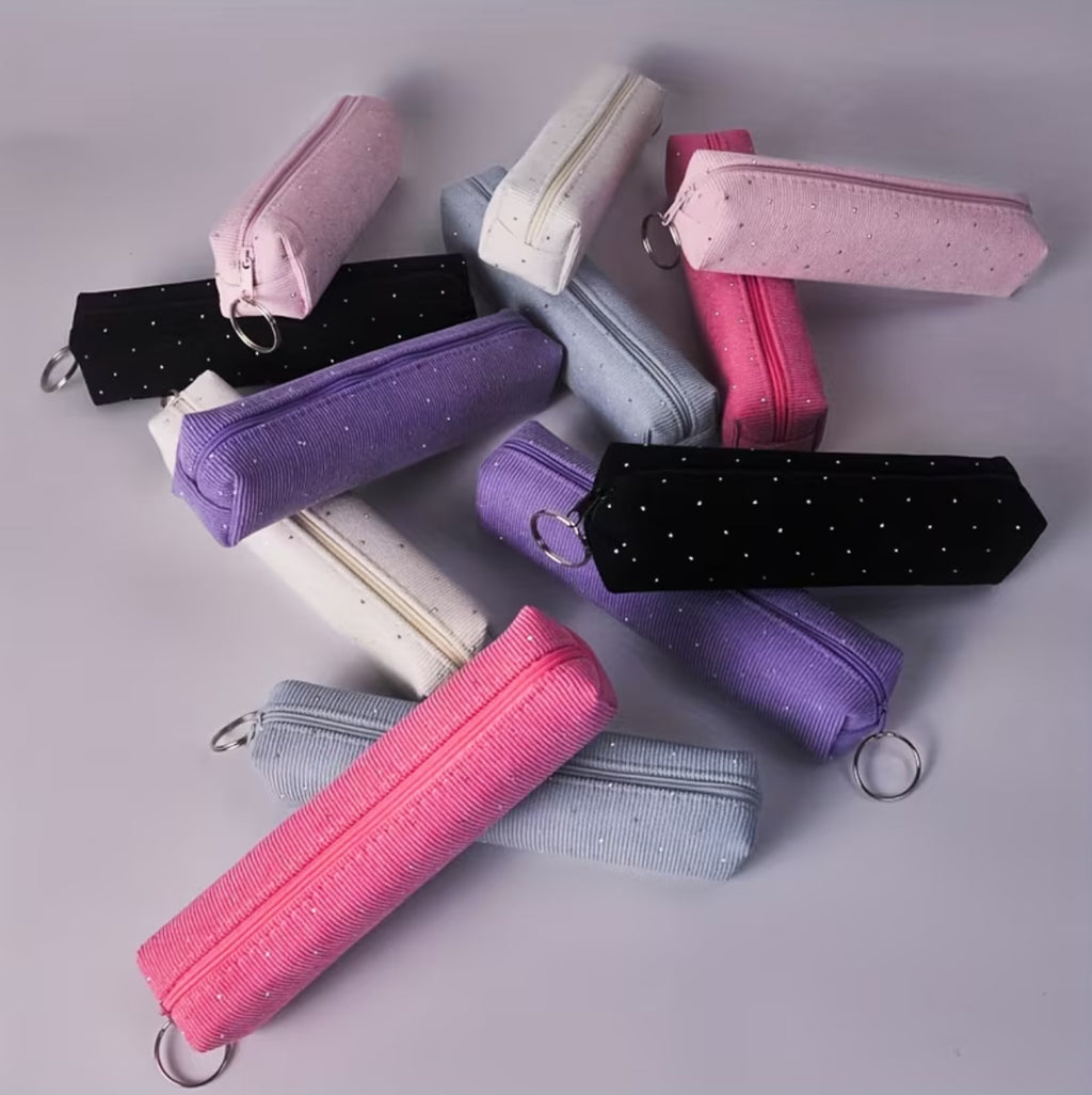 Pochette Tombolino Trucco in Velluto a Coste con Strass – Astuccio Portatrucchi Elegante e Compatto (Disponibile in 6 Colori)