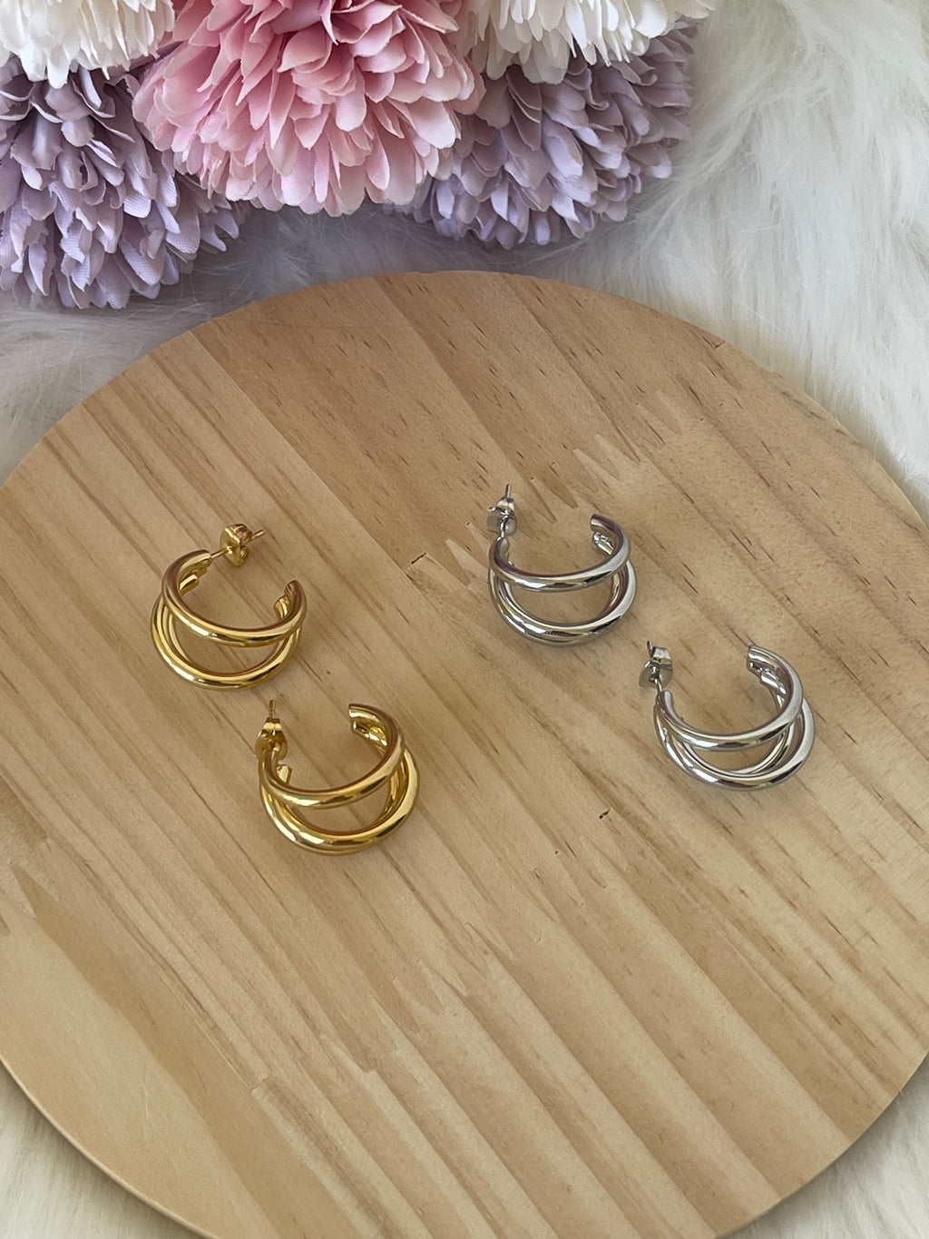 Orecchini Triana a Cerchio Triplo in Acciaio Inossidabile - Design Minimal a 3 Fasce - Oro e Argento
