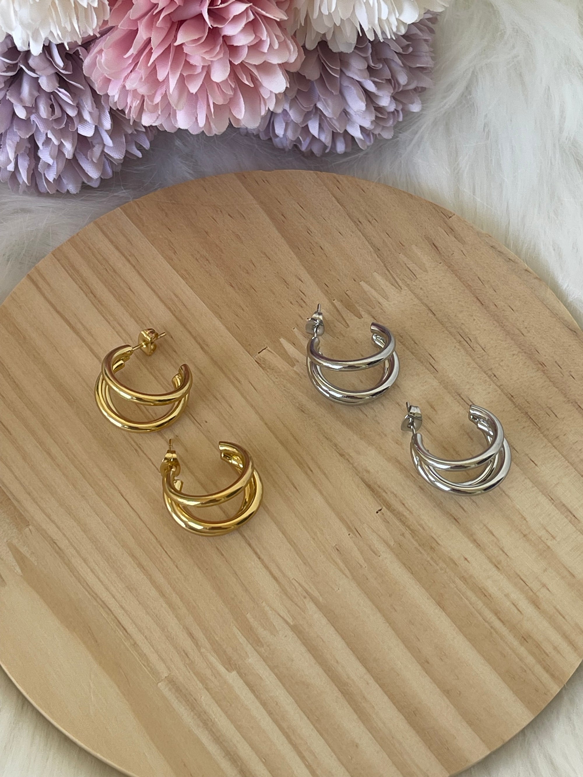 Orecchini Triana a Cerchio Triplo in Acciaio Inossidabile - Design Minimal a 3 Fasce - Oro e Argento