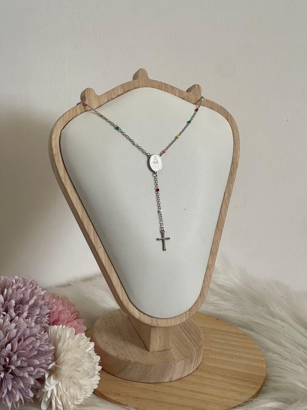 Collana Rosario Via Lucis in Acciaio Inossidabile con Perline e Croce