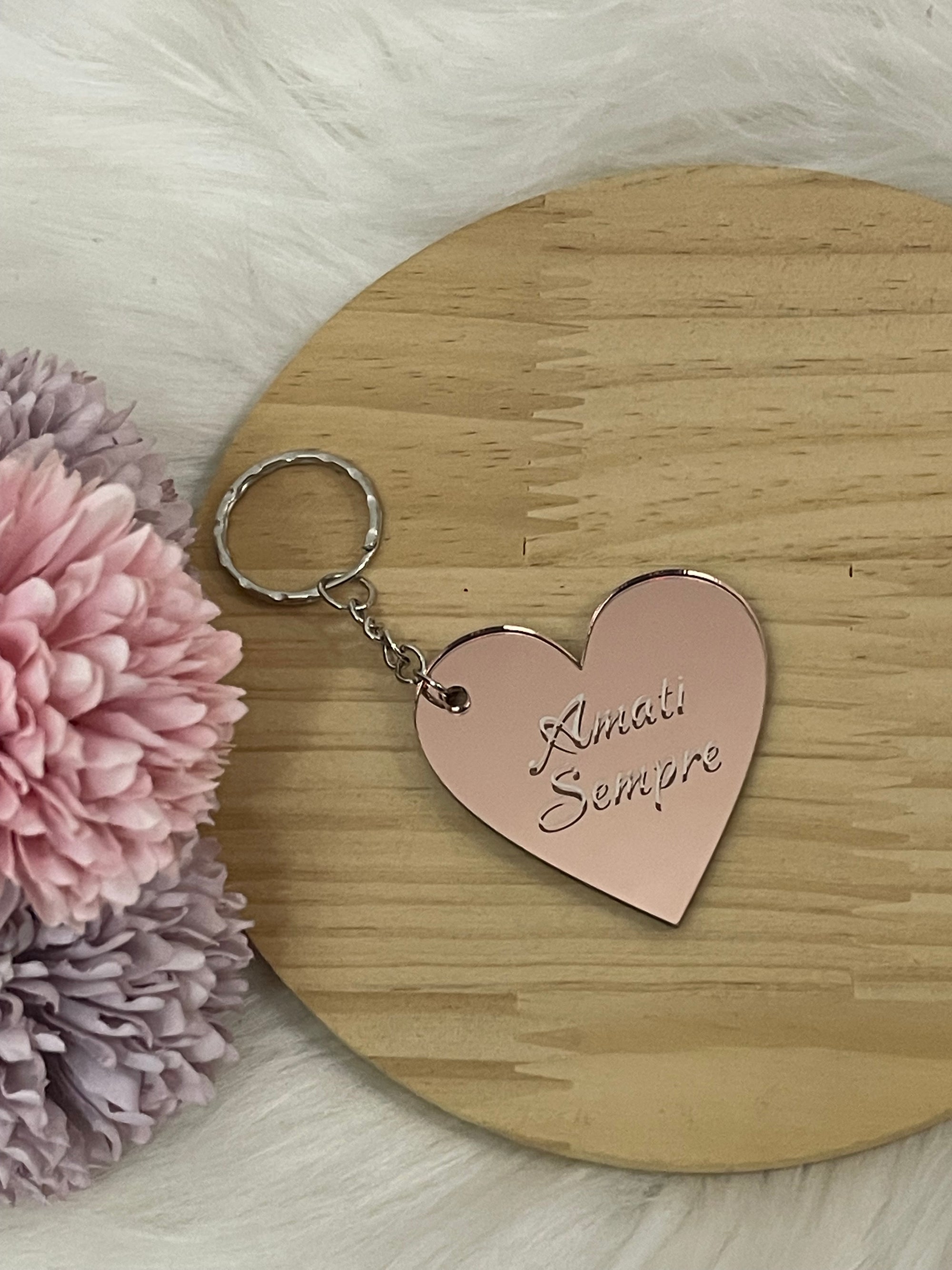 Portachiavi Cuore a Specchio "Amati Sempre" – Rose Gold Inciso | Regalo Romantico e Motivazionale