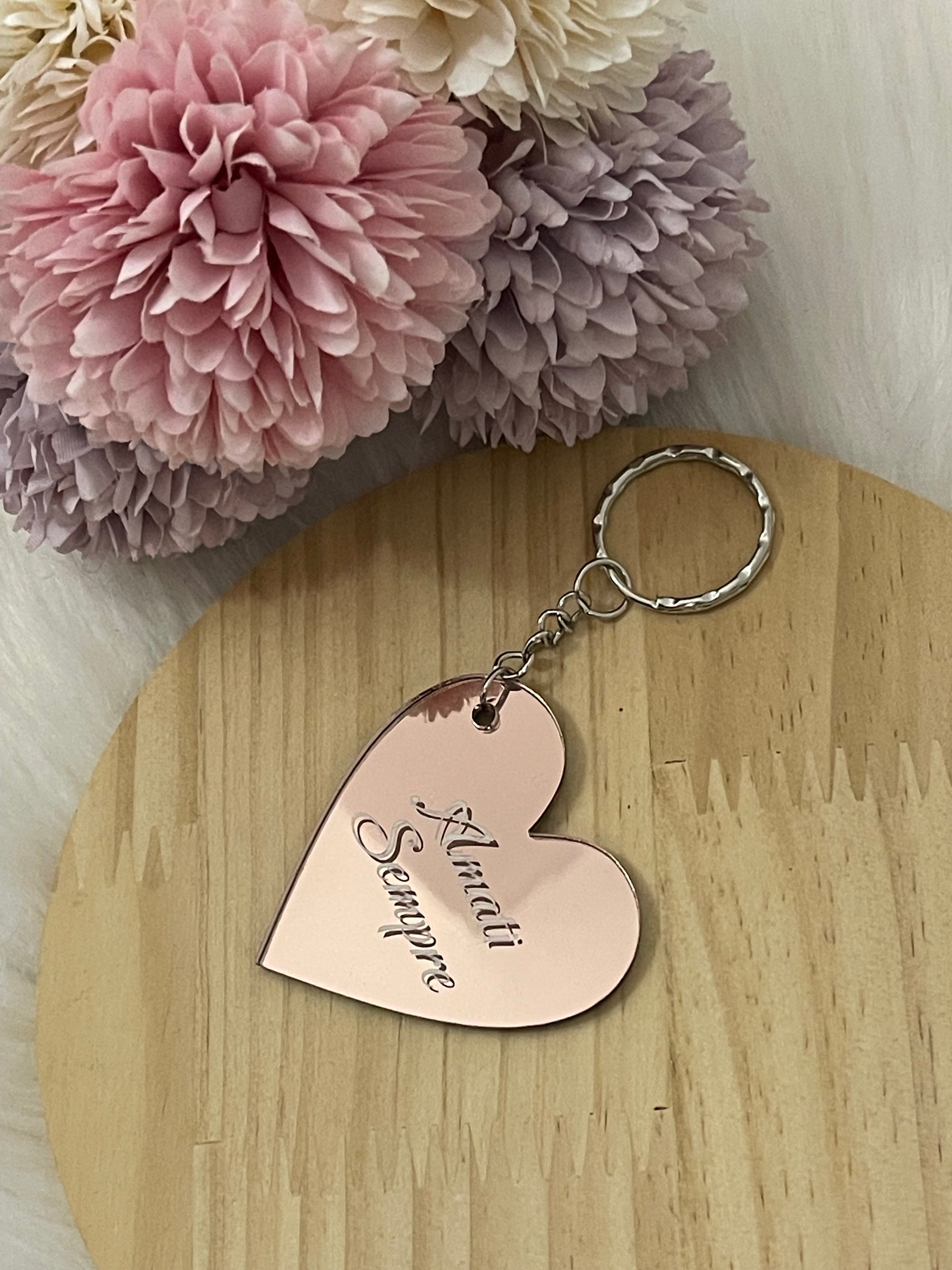 Portachiavi Cuore a Specchio "Amati Sempre" – Rose Gold Inciso | Regalo Romantico e Motivazionale