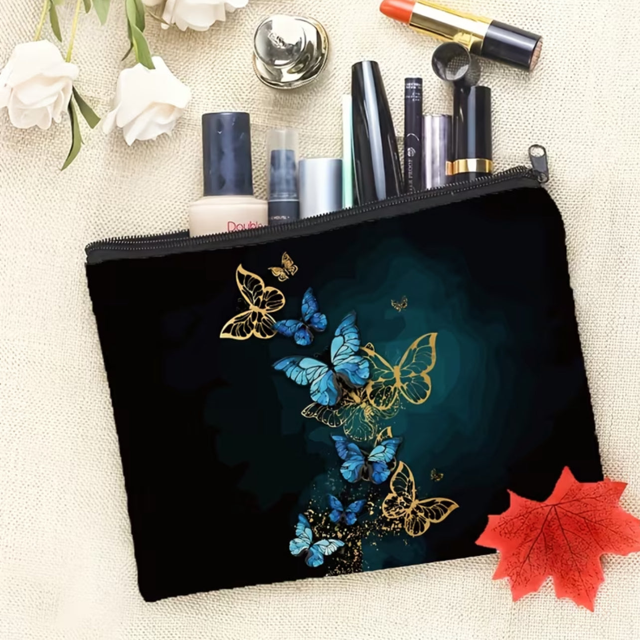 Pochette Donna Elegante con Farfalle Oro e Blu - Beauty Case e Astuccio Trucco Multifunzione