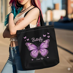 Tote Bag Estetica "Butterfly Love Life" – Borsa in Tela Nera con Farfalla Viola