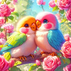 Kit Diamond Painting 5D Fai-da-Te - Coppia di Pappagallini Innamorati tra le Rose - 20x20cm