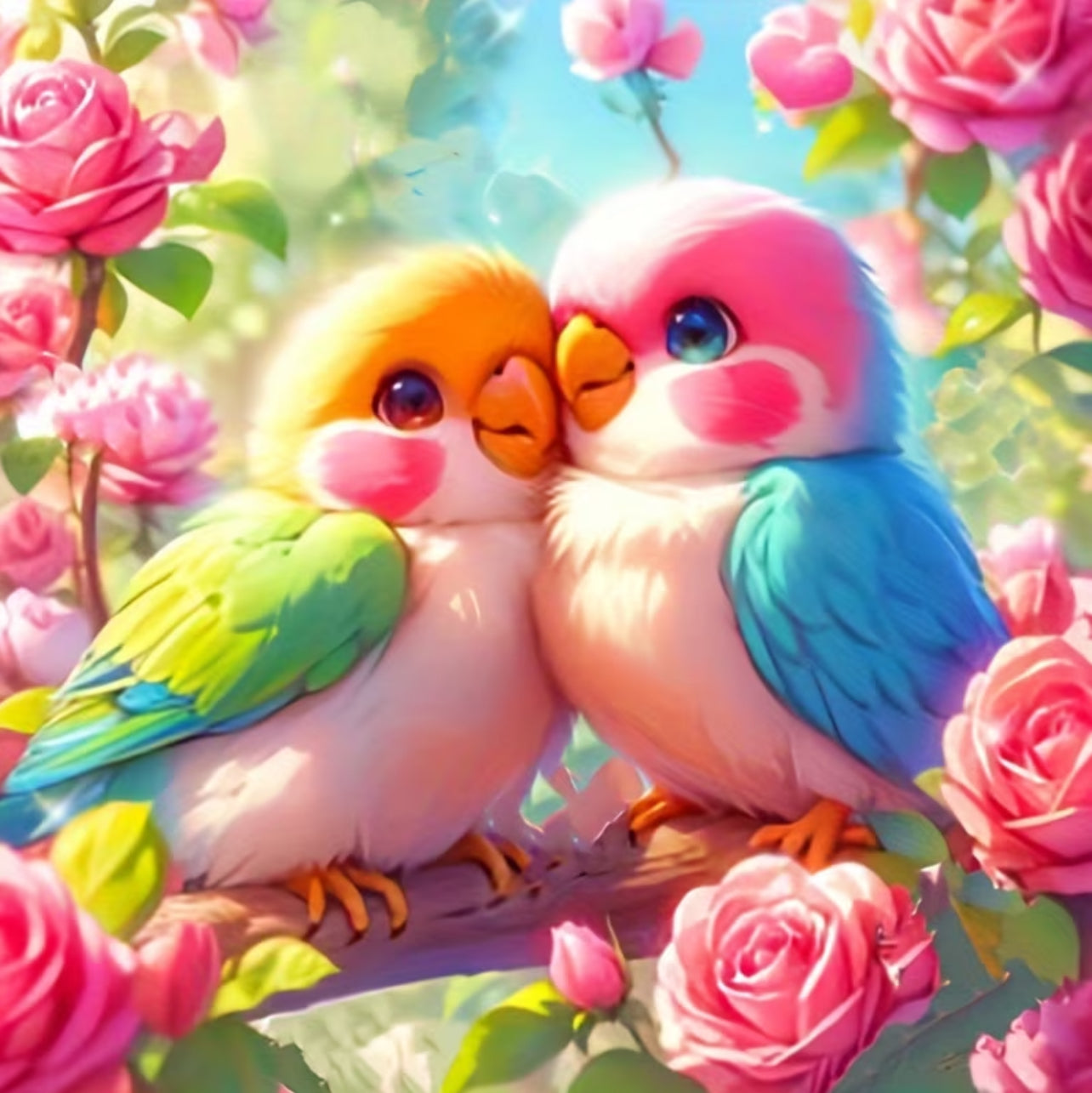 Kit Diamond Painting 5D Fai-da-Te - Coppia di Pappagallini Innamorati tra le Rose - 20x20cm