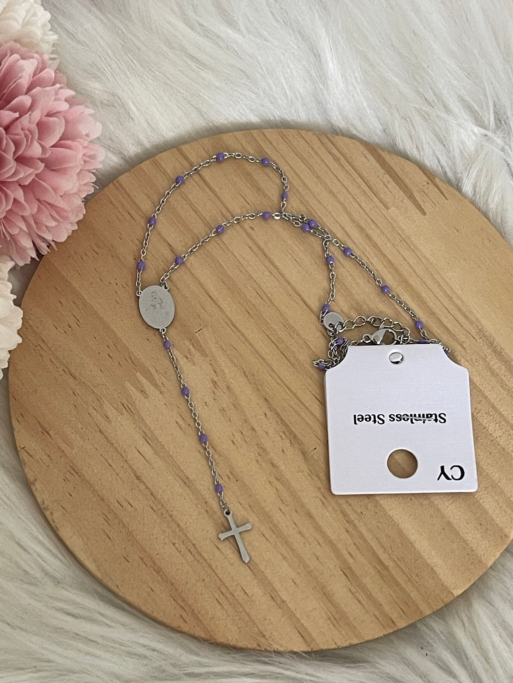 Collana Rosario Via Lucis in Acciaio Inossidabile con Perline e Croce