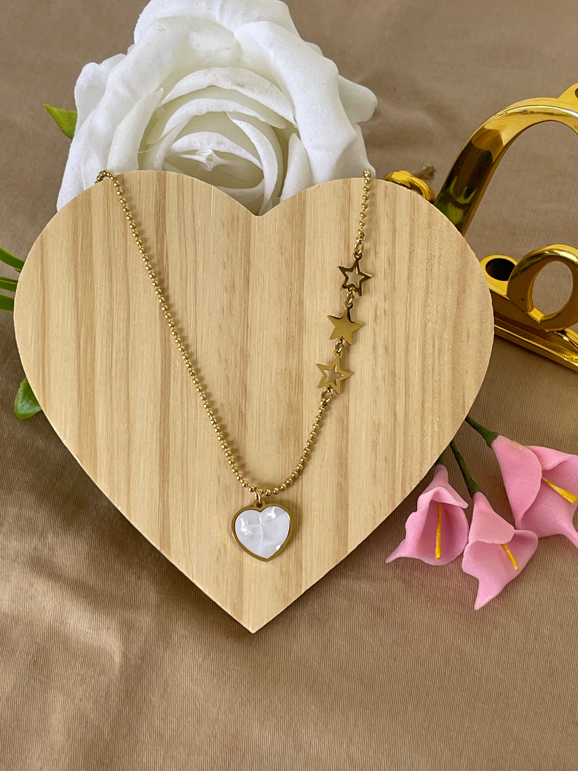 Collana Battito in Acciaio Inossidabile con Ciondolo Cuore e Stelle