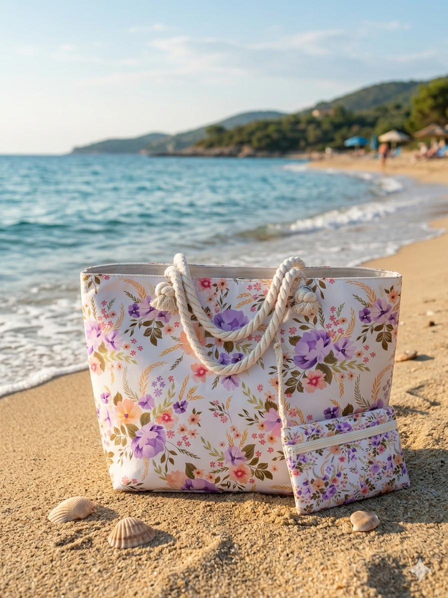 Borsa Mare Grande e Capiente con Cerniera e Pochette | Fantasia Floreale Viola