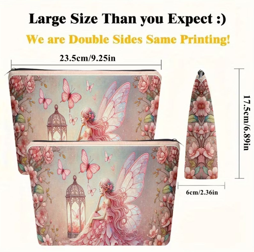 Borsa Trucco Portatrucchi Fairy Core - Beauty Case da Viaggio con Stampa Fata e Farfalle - Pochette Makeup Grande Capacità