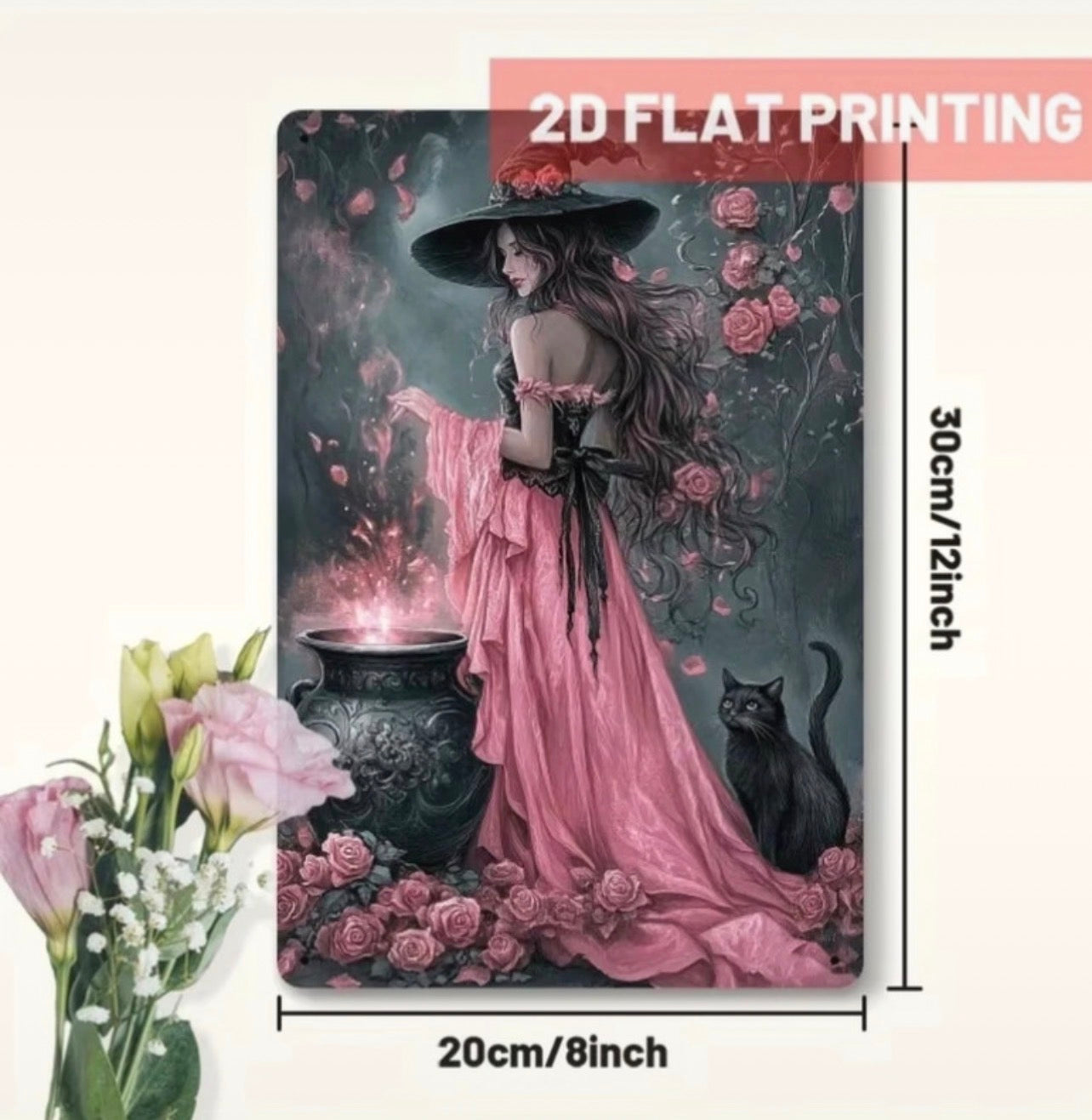 Targa in Metallo Vintage Strega con Rose e Gatto Nero - Decorazione Parete Gotica e Fantasy (20x30cm)
